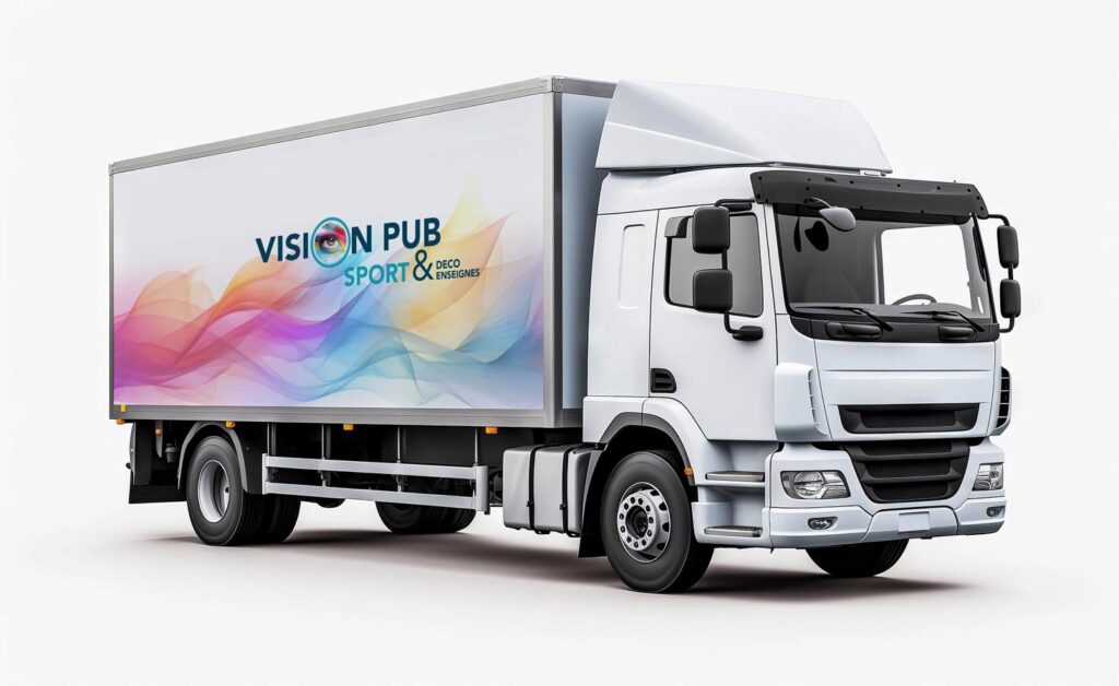 Camion blanc de livraison avec logo "VISION PUB SPORT & DECO ENSEIGNES" sur la remorque, orné de vagues colorées. Idéal pour publicité visuelle.