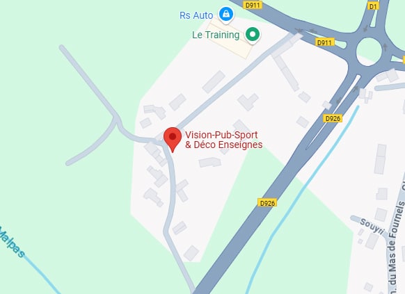 Vision-Pub-Sport & Déco Enseignes : Accès sur Carte Carte de localisation de Vision-Pub-Sport & Déco Enseignes, près de Rs Auto, Le Training et des routes D911, D1, D926.