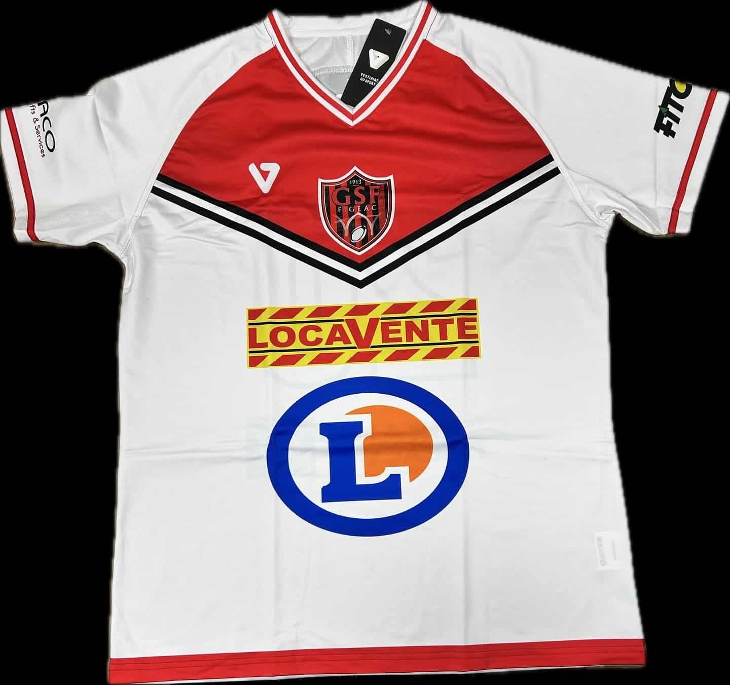 Maillot rugby blanc GSF Figeac 1913. Épaules rouges, bandes. Logos Locavente, Leclerc, aco, Fitc visibles. Étiquette Vestiaire de Sport.
