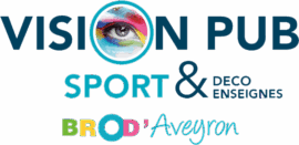 Logo Vision Pub avec œil coloré, texte Sport & Déco Enseignes, et Brod'Aveyron en couleurs. Services de pub et broderie.